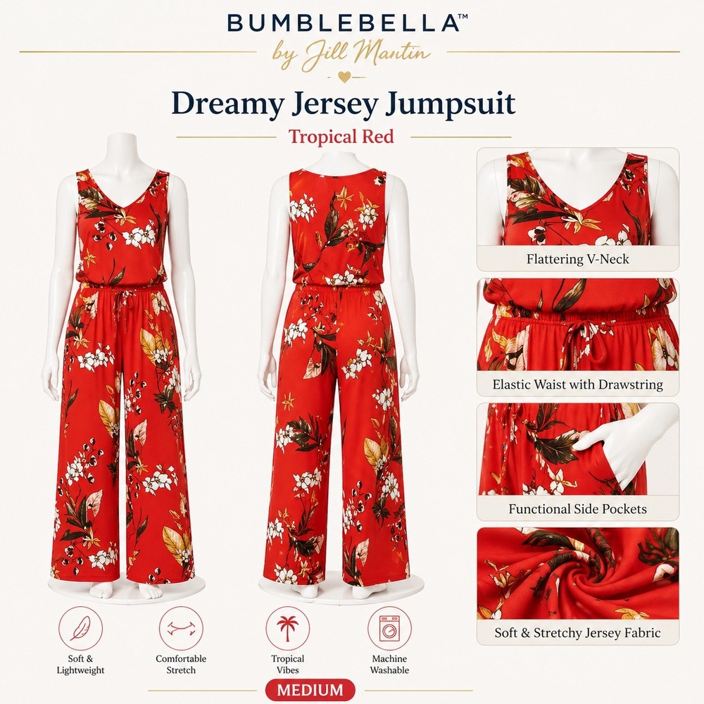 Bumblebella by Jill Martin Dreamy Jersey Jumpsuit Tropical Red Floral Wide Leg M